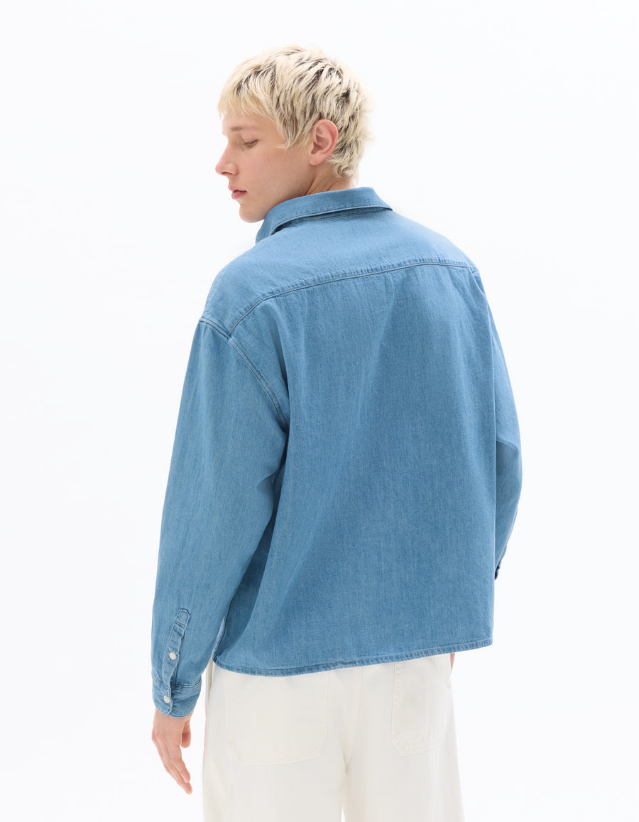 Boxy Fit 100% Cotton Twill Spread Collar Shirt - Blue