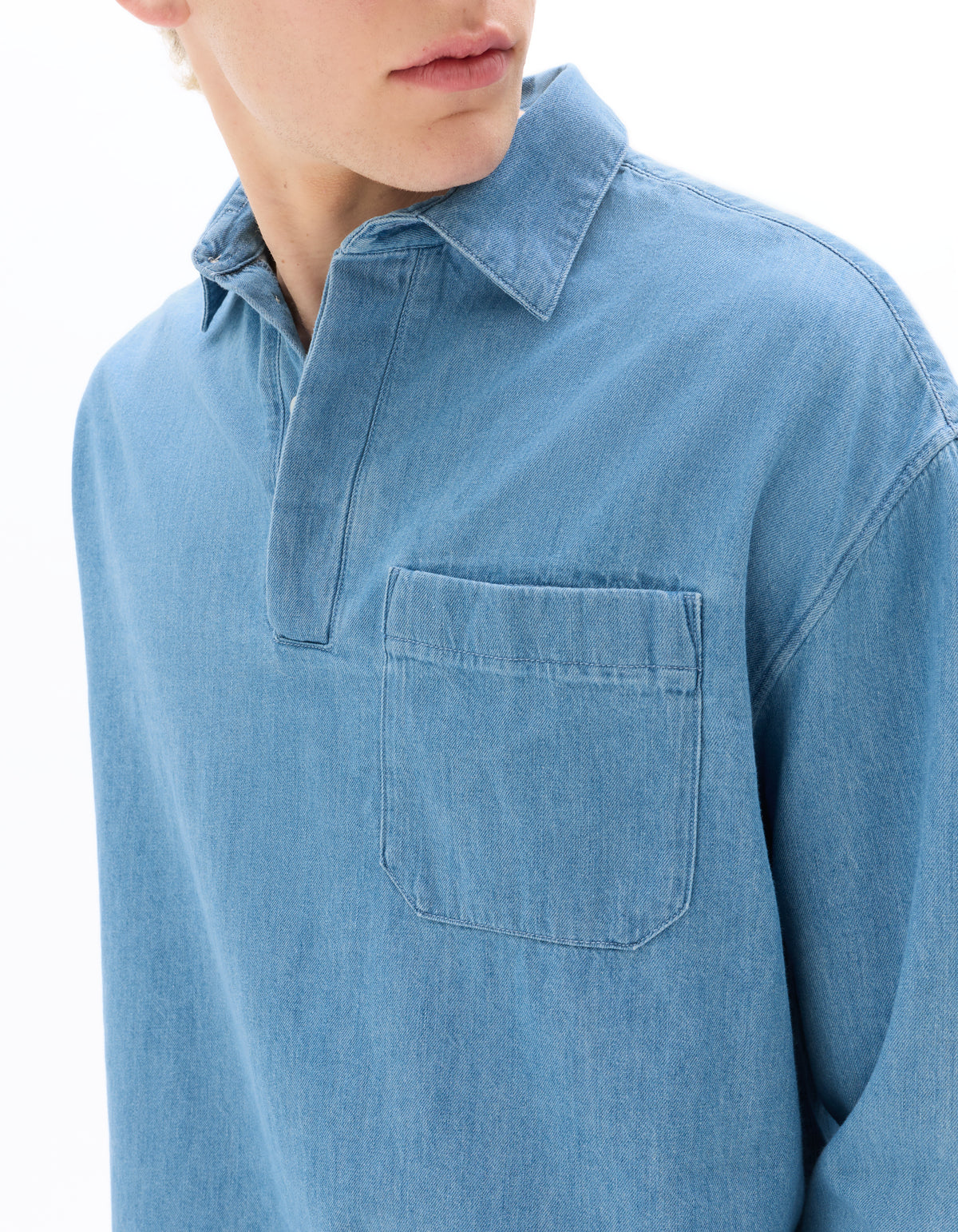 Boxy Fit 100% Cotton Twill Spread Collar Shirt - Blue
