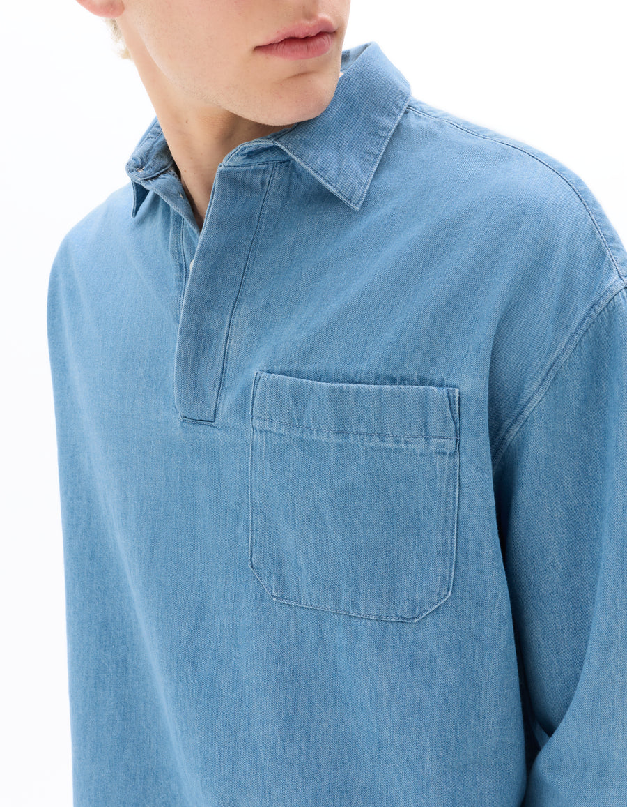 Boxy Fit 100% Cotton Twill Spread Collar Shirt - Blue