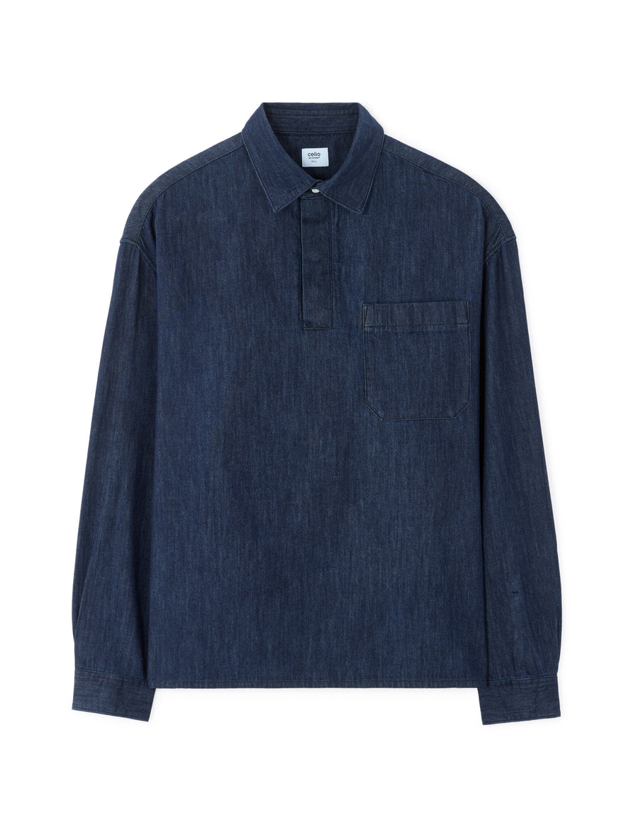 Boxy Fit 100% Cotton Twill Spread Collar Shirt - Navy Blue