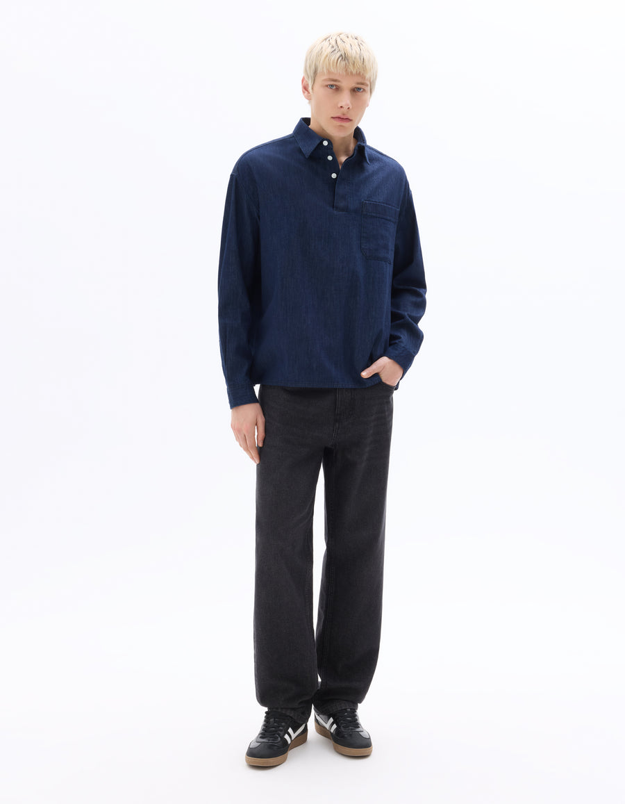 Boxy Fit 100% Cotton Twill Spread Collar Shirt - Navy Blue