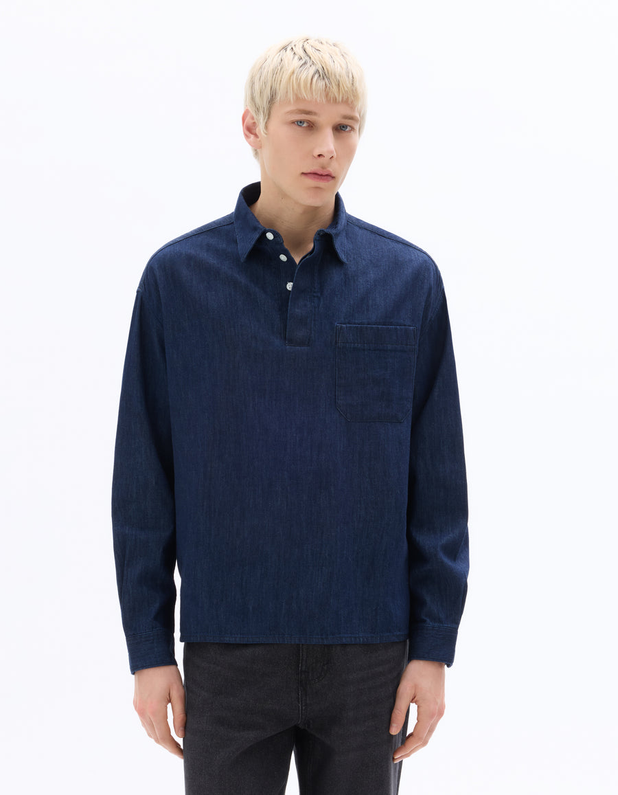 Boxy Fit 100% Cotton Twill Spread Collar Shirt - Navy Blue