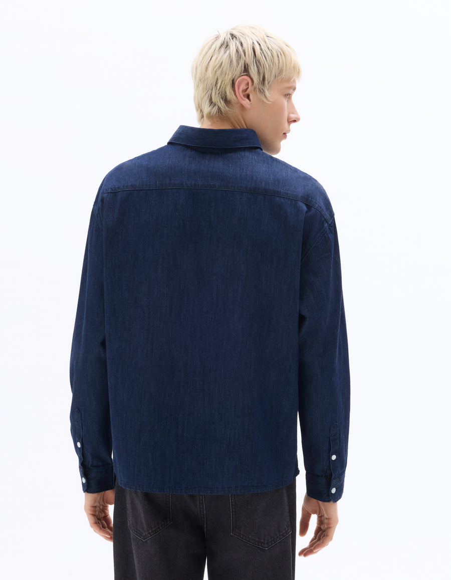 Boxy Fit 100% Cotton Twill Spread Collar Shirt - Navy Blue