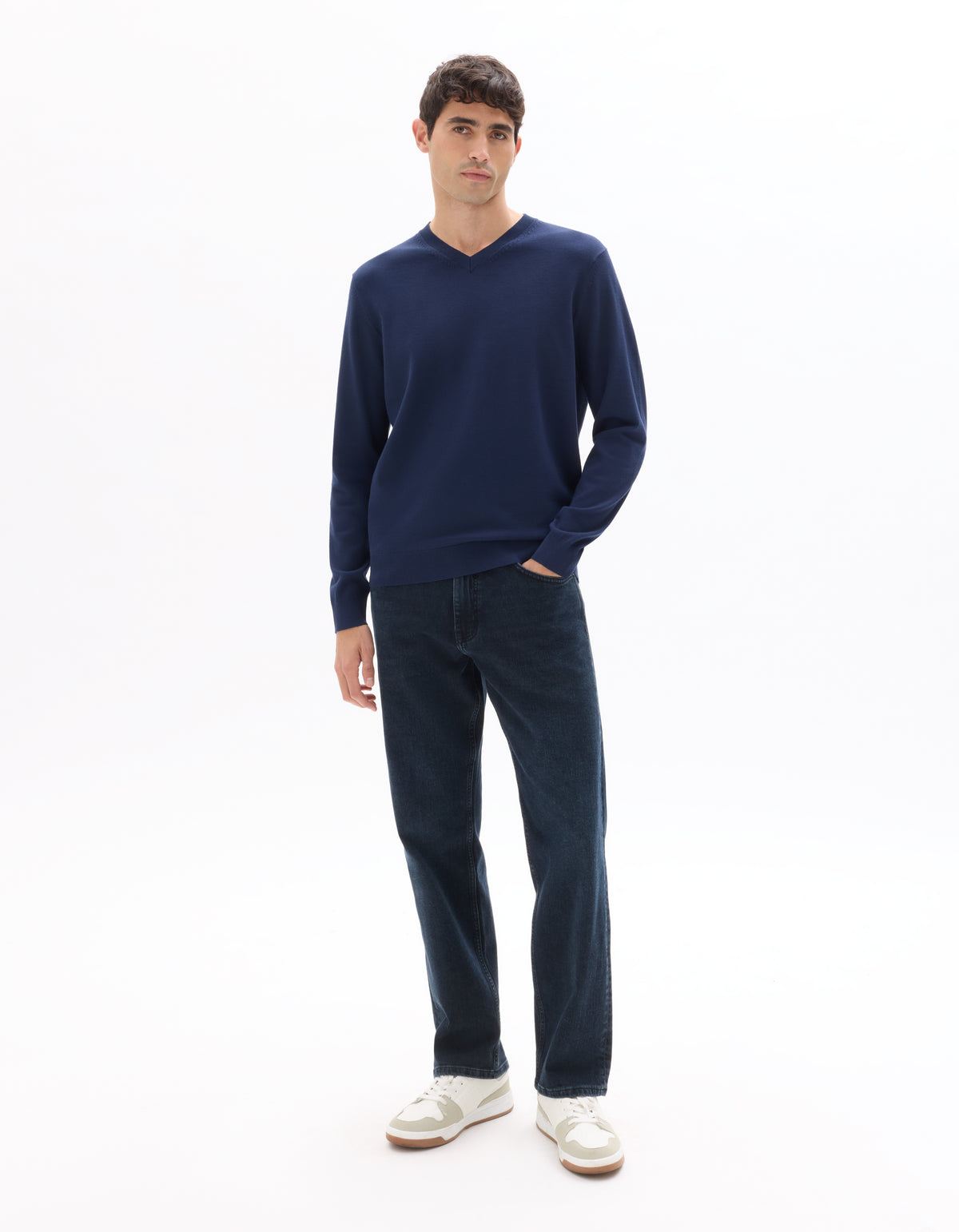 Regular Fit Poly Viscose Solid V Neck Sweaters - Navy Blue