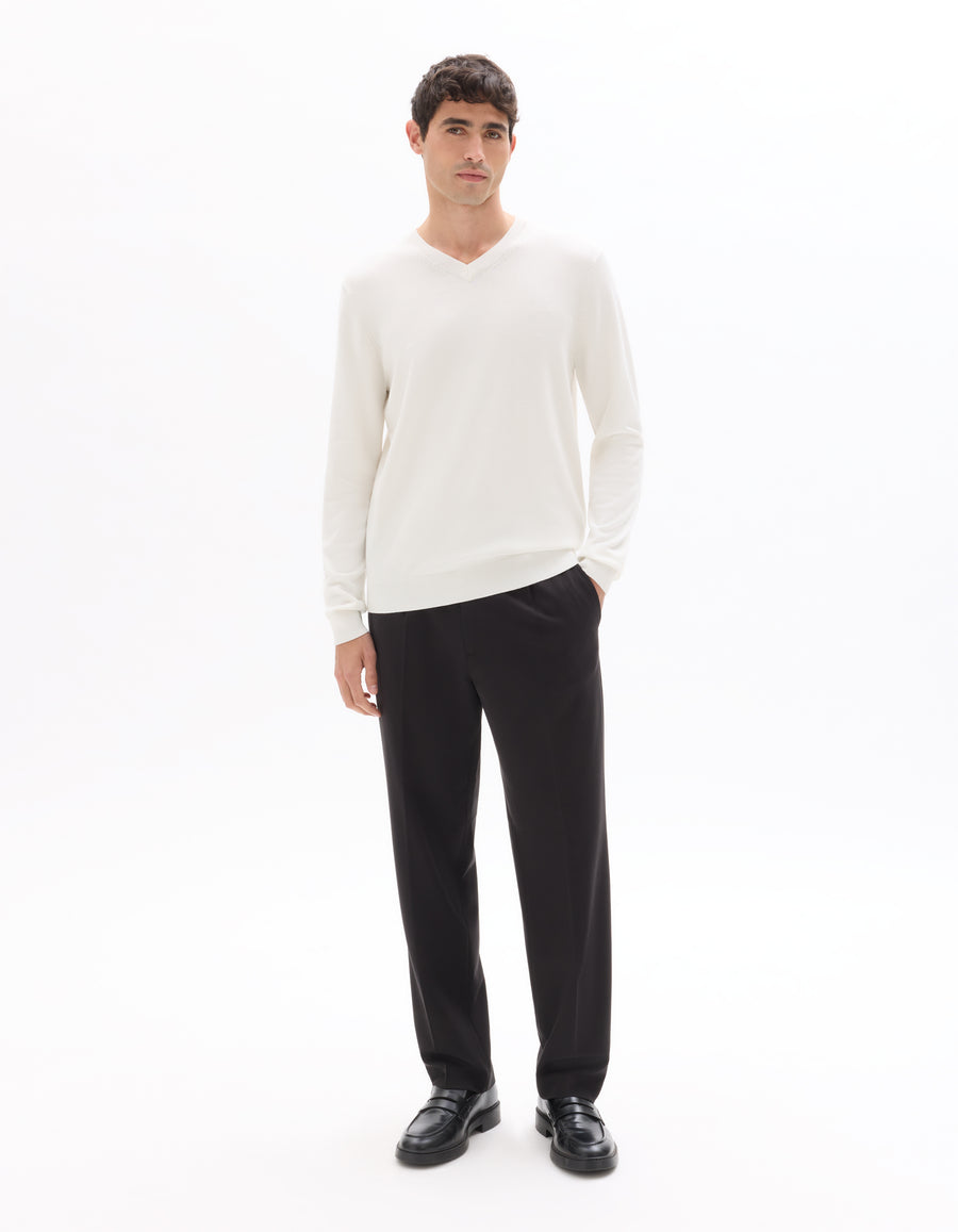 Regular Fit Poly Viscose Solid V Neck Sweaters - Off White