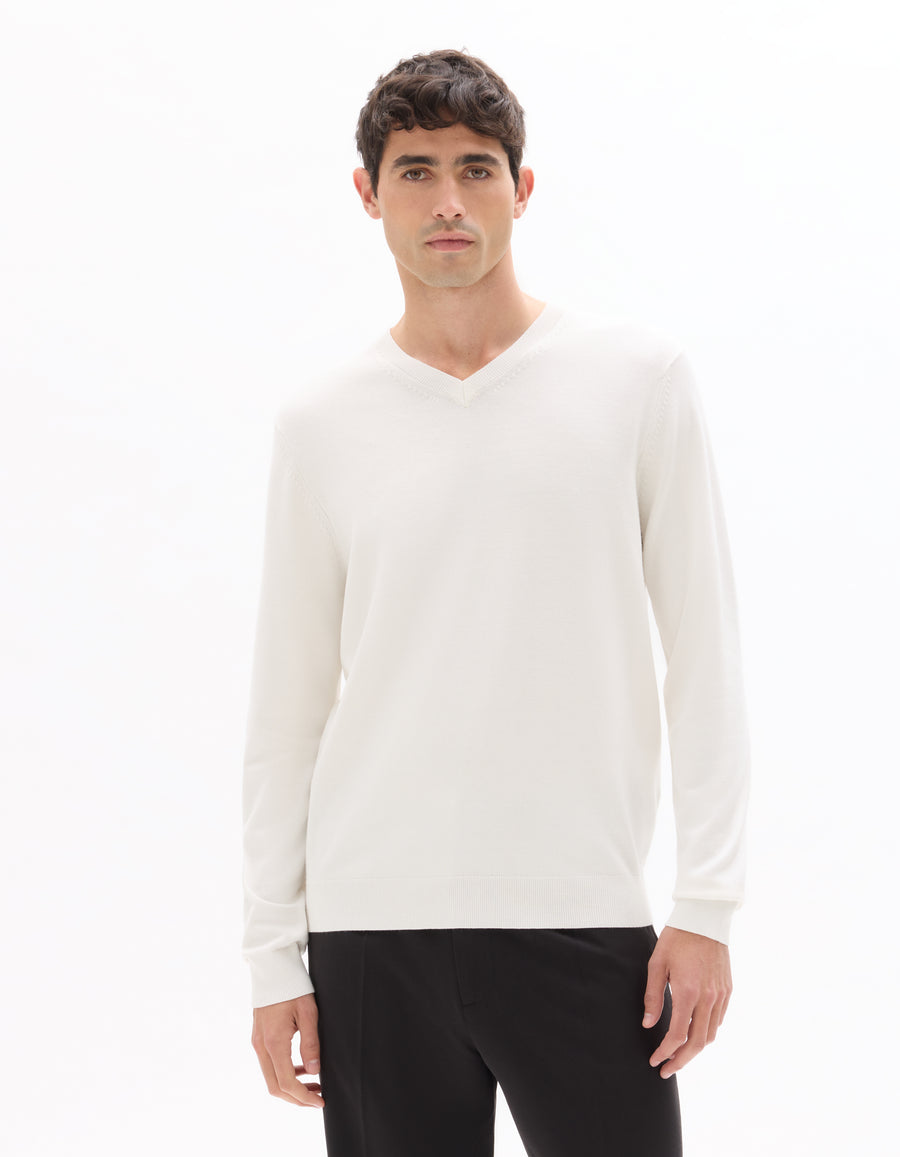Regular Fit Poly Viscose Solid V Neck Sweaters - Off White