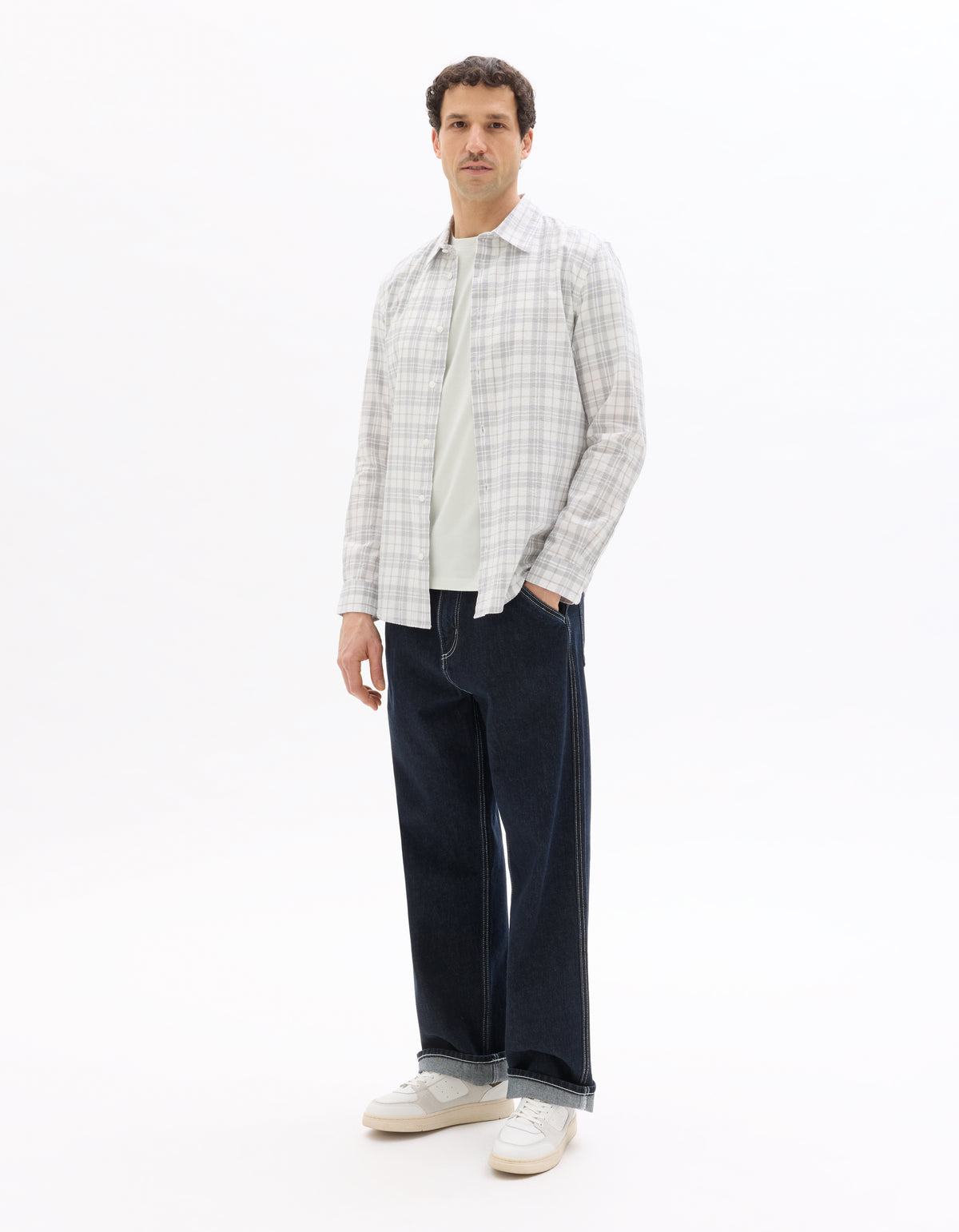 Regular Fit Polyester Checked Spread Collar Shirt - White