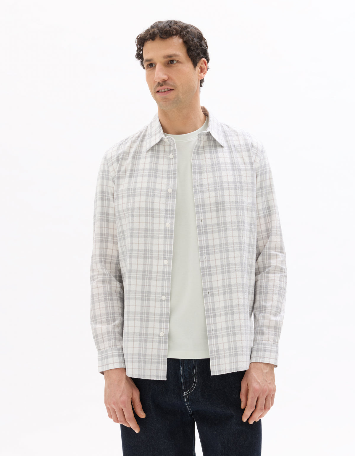 Regular Fit Polyester Checked Spread Collar Shirt - White