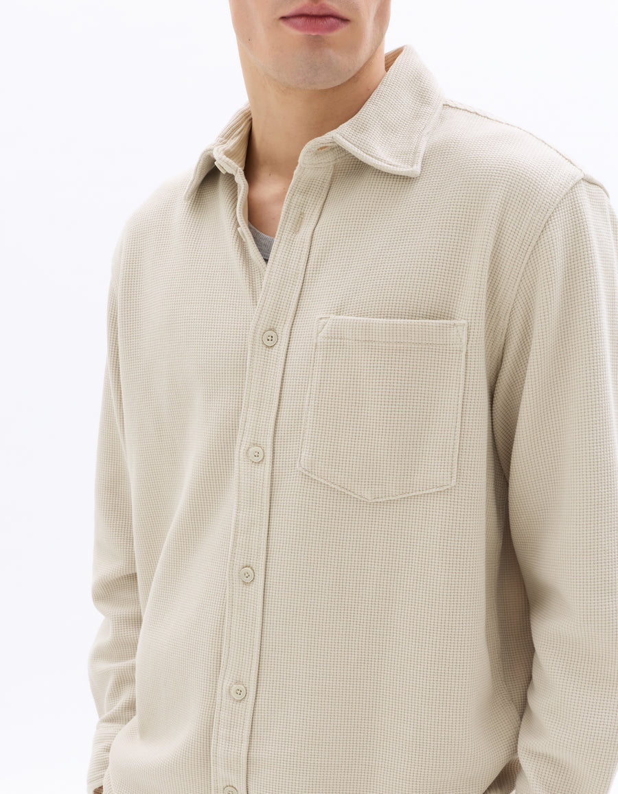 Oversized Fit Cotton Blend Spread Collar Shirt - Beige