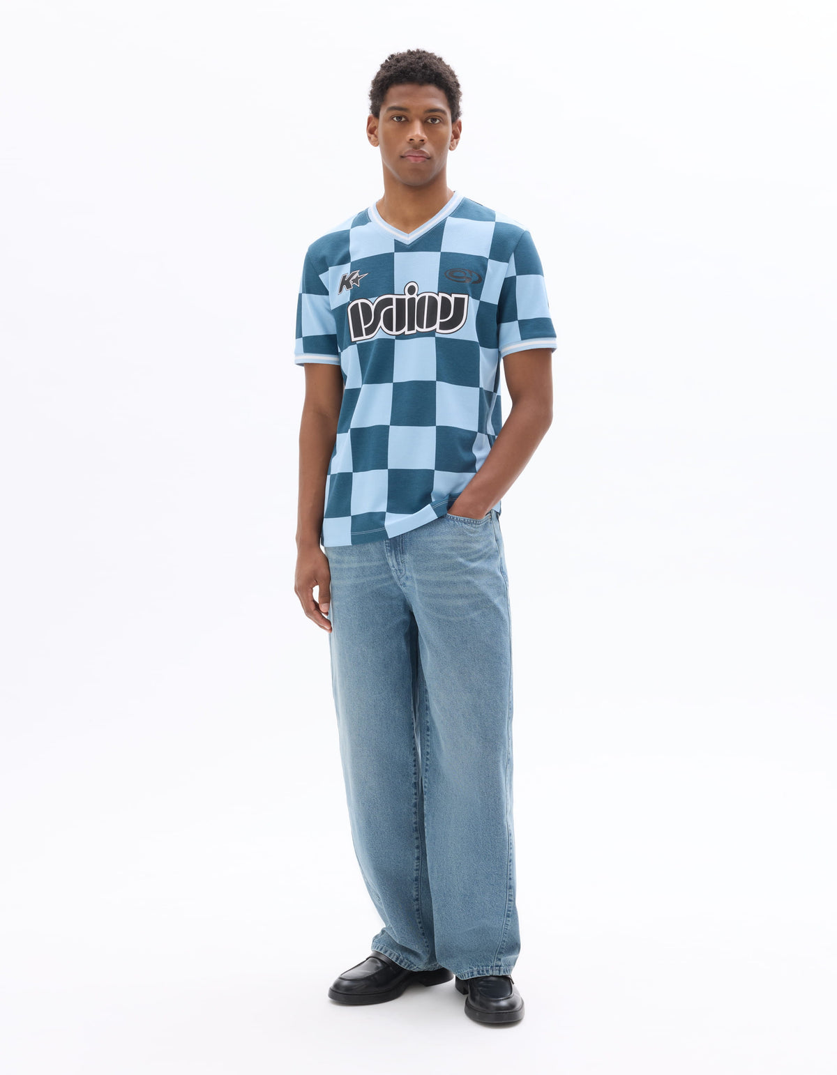 Oversized Fit Cotton Blend V Neck T-Shirt - Light Blue