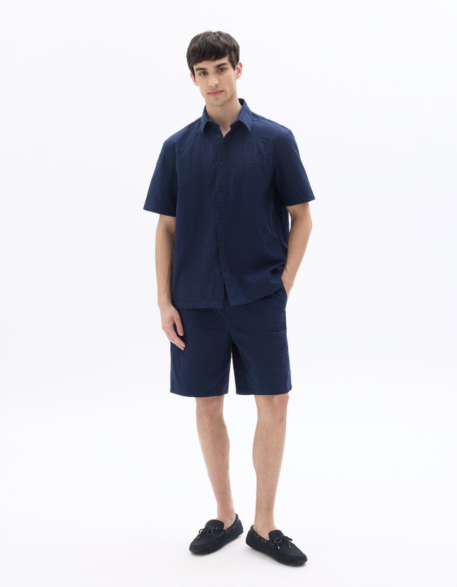 Relaxed Fit 100% Cotton Spread Collar Shirt - Navy Blue