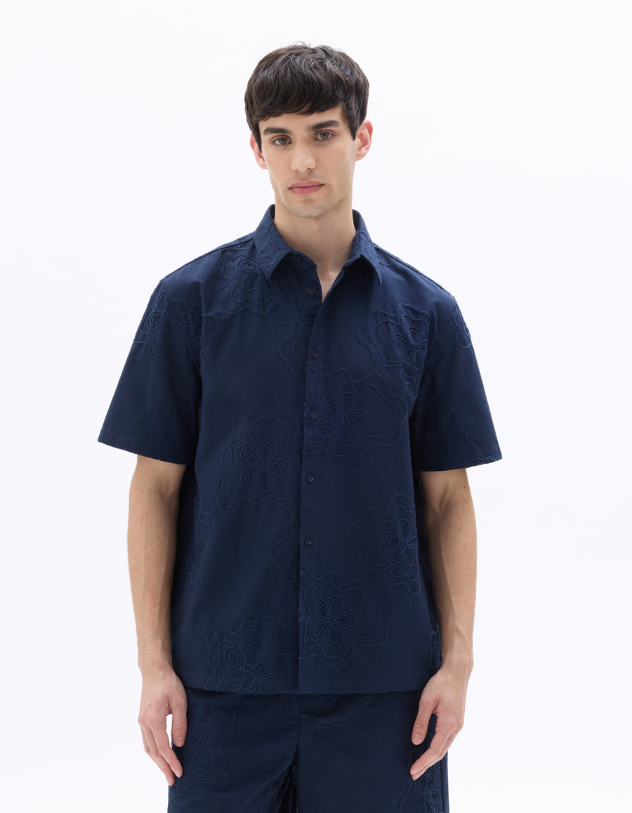 Relaxed Fit 100% Cotton Spread Collar Shirt - Navy Blue