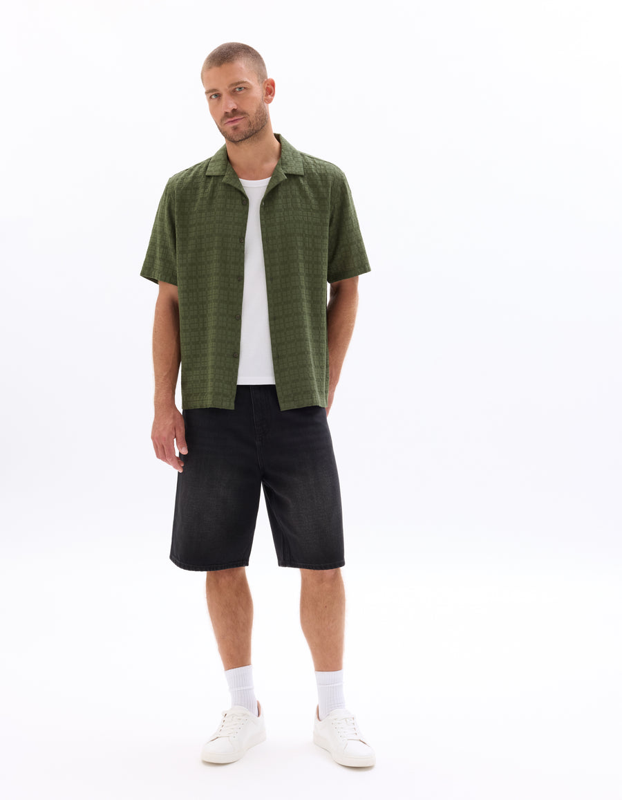 Regular Fit 100% Cotton Cuban Collar Shirt - Olive