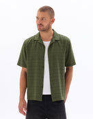 Regular Fit 100% Cotton Cuban Collar Shirt - Olive
