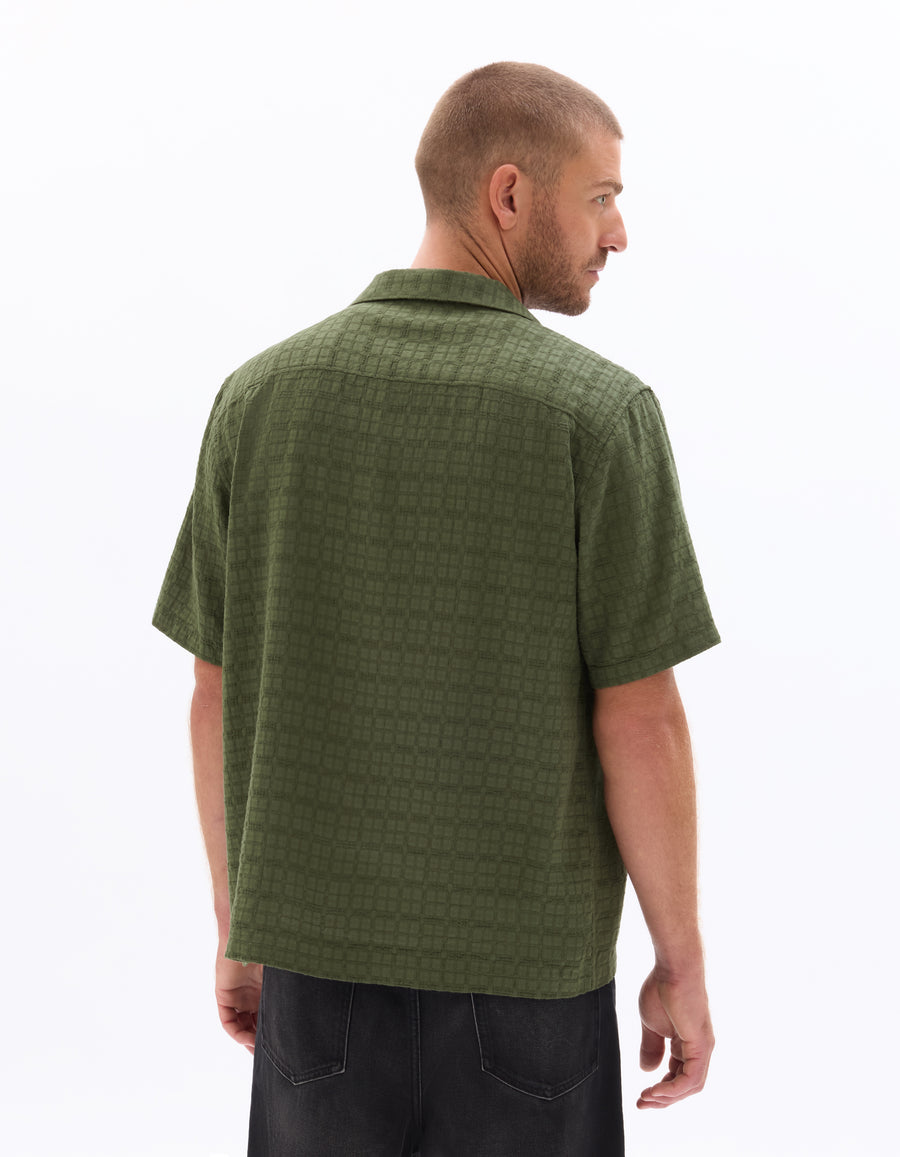 Regular Fit 100% Cotton Cuban Collar Shirt - Olive