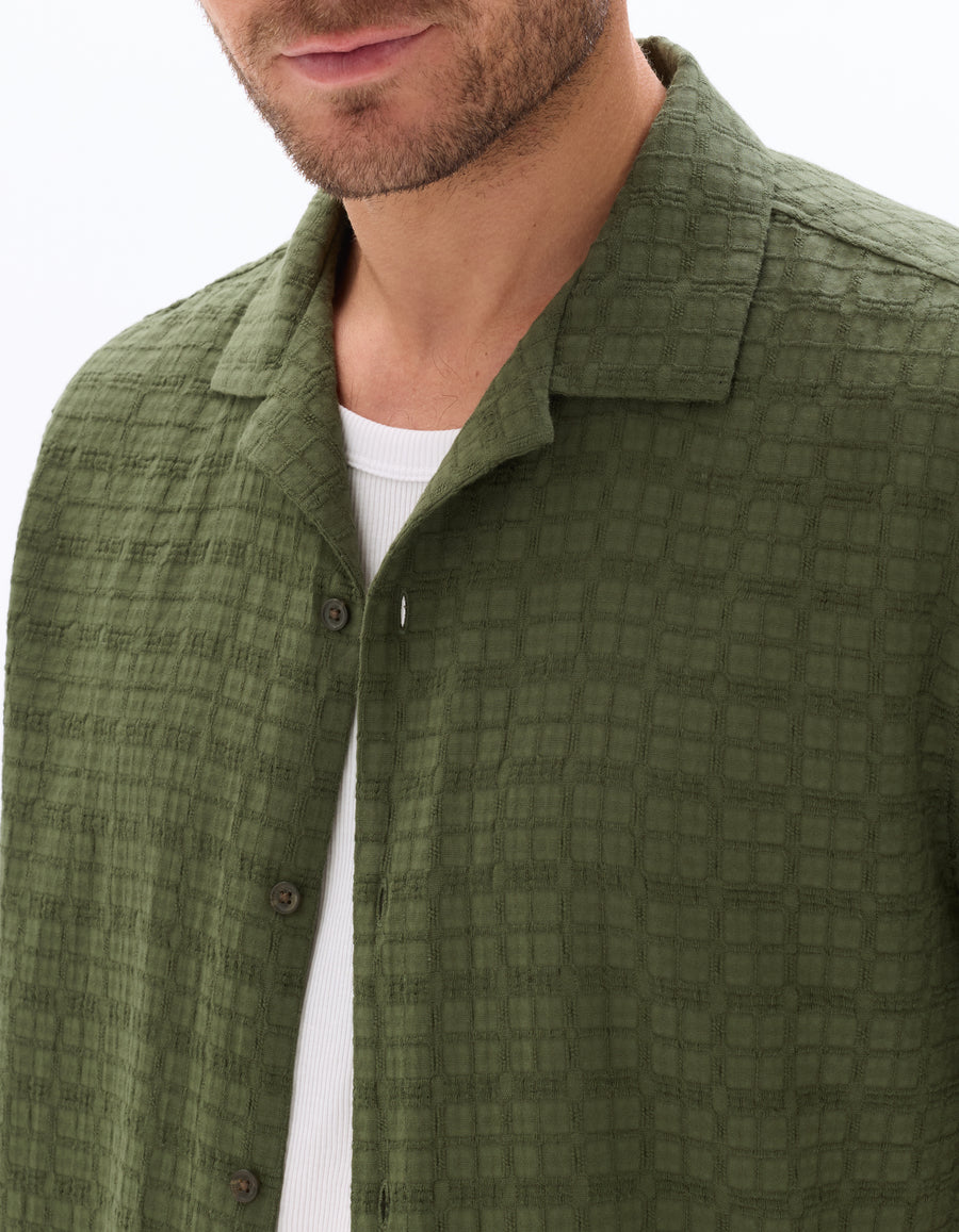 Regular Fit 100% Cotton Cuban Collar Shirt - Olive