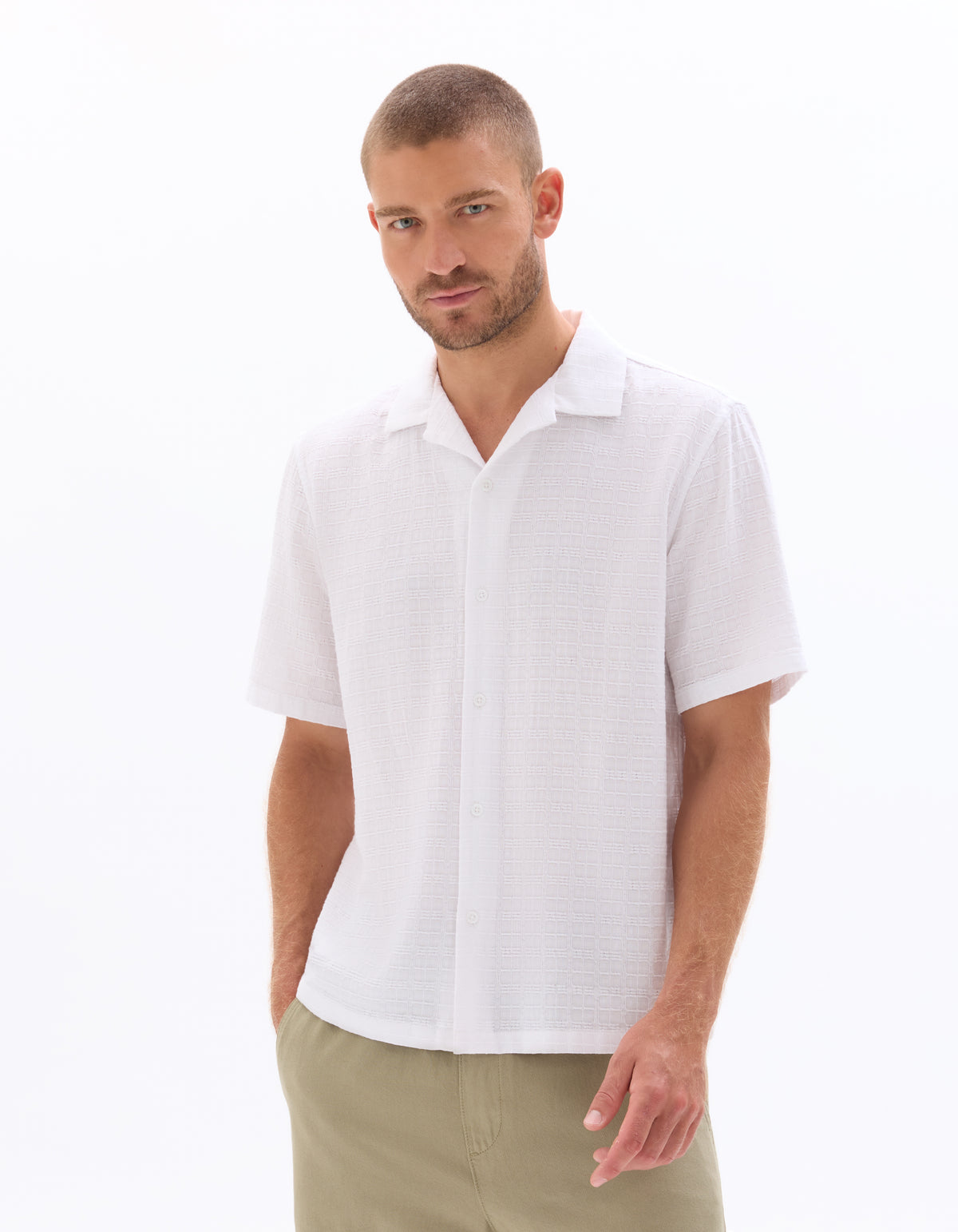 Regular Fit 100% Cotton Cuban Collar Shirt - White