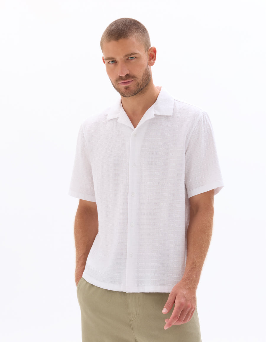 Regular Fit 100% Cotton Cuban Collar Shirt - White