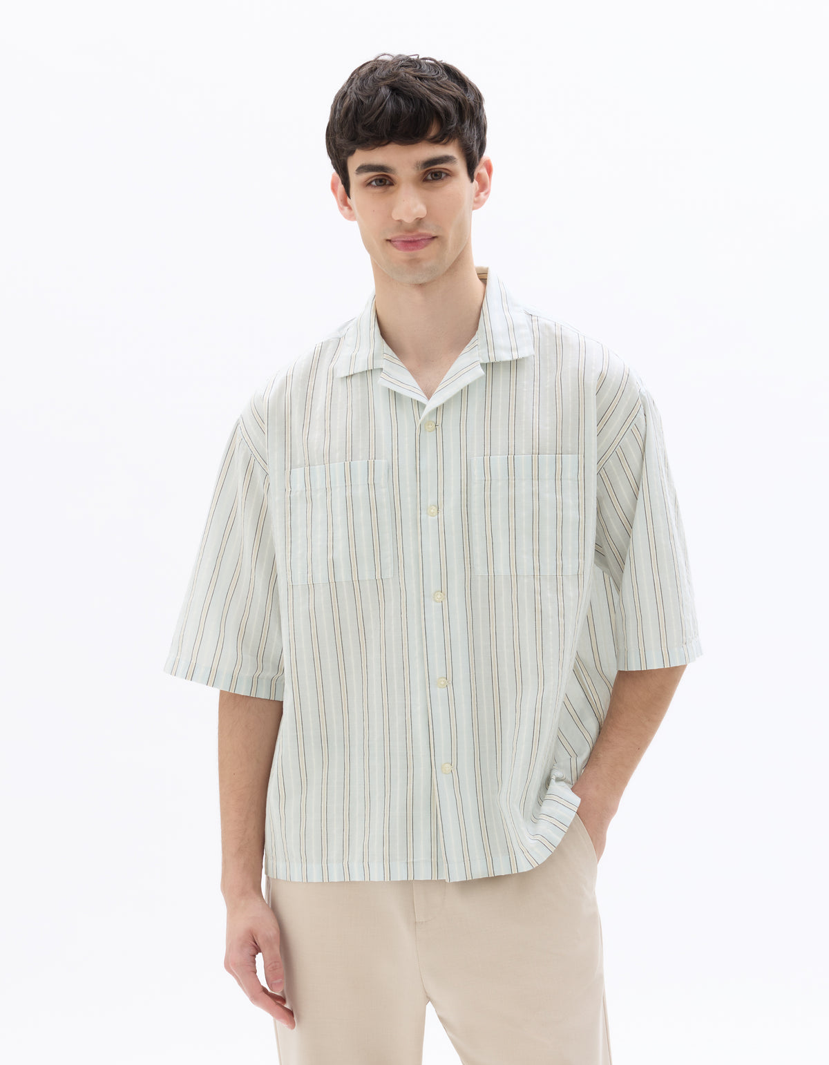 Boxy Fit Cotton Linen Striped Shirt - Blue