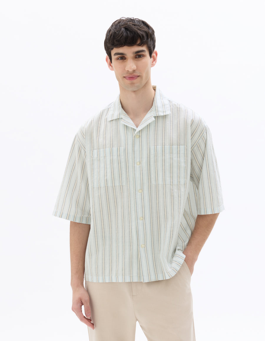 Boxy Fit Cotton Linen Striped Shirt - Blue