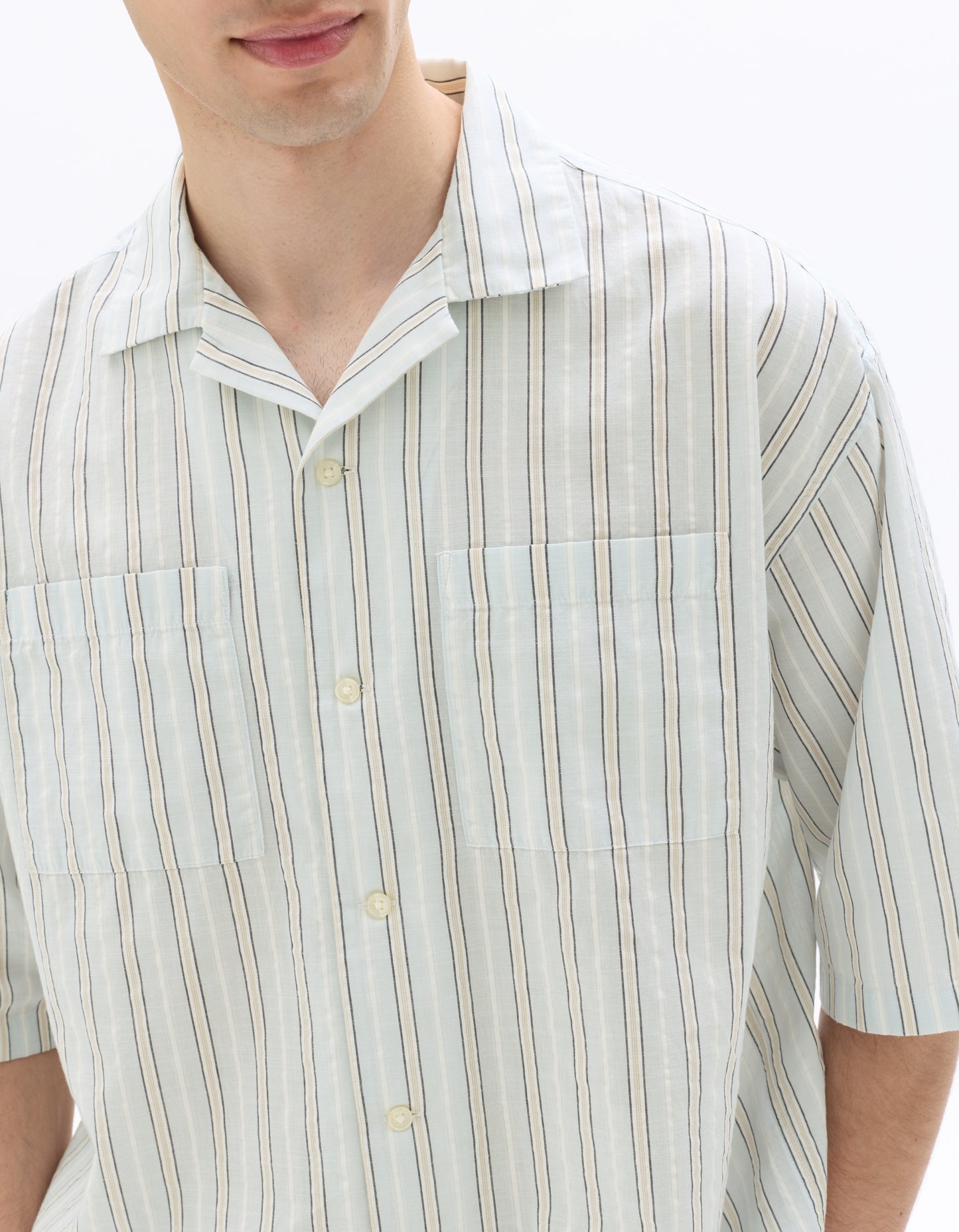 Boxy Fit Cotton Linen Striped Shirt - Blue