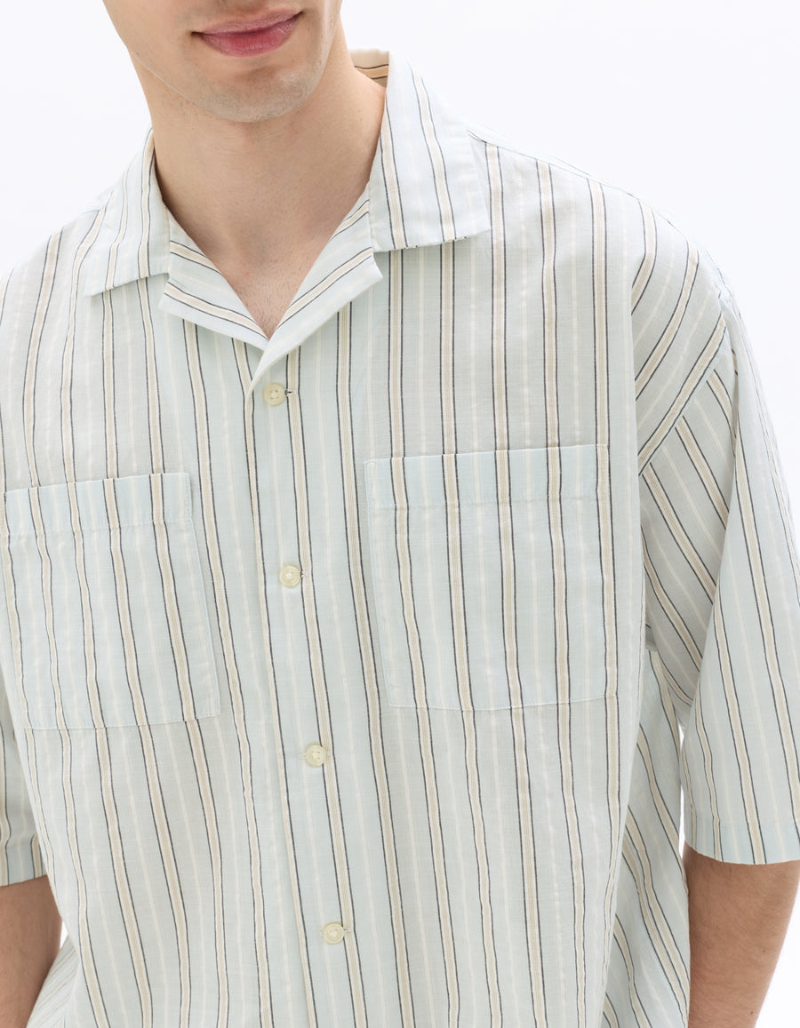 Boxy Fit Cotton Linen Striped Shirt - Blue