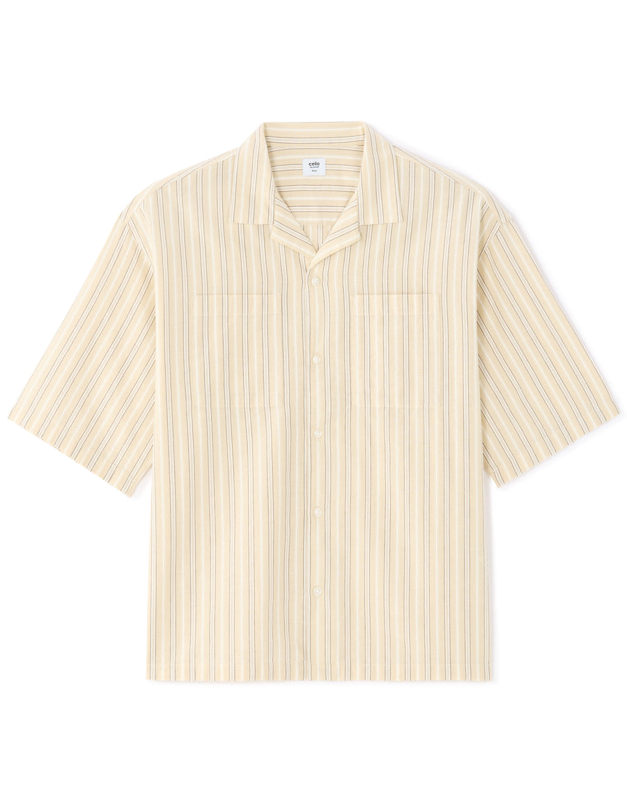 Boxy Fit Cotton Linen Striped Shirt - Beige