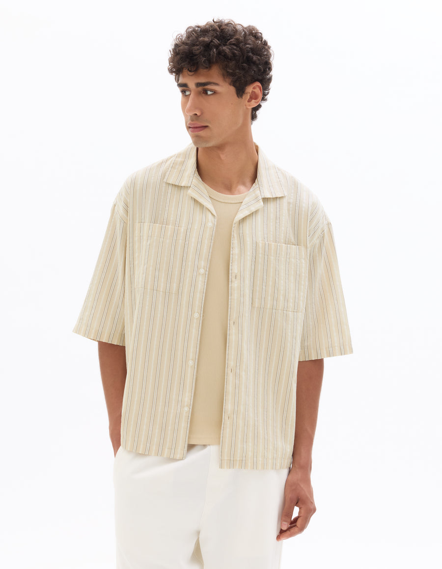 Boxy Fit Cotton Linen Striped Shirt - Beige