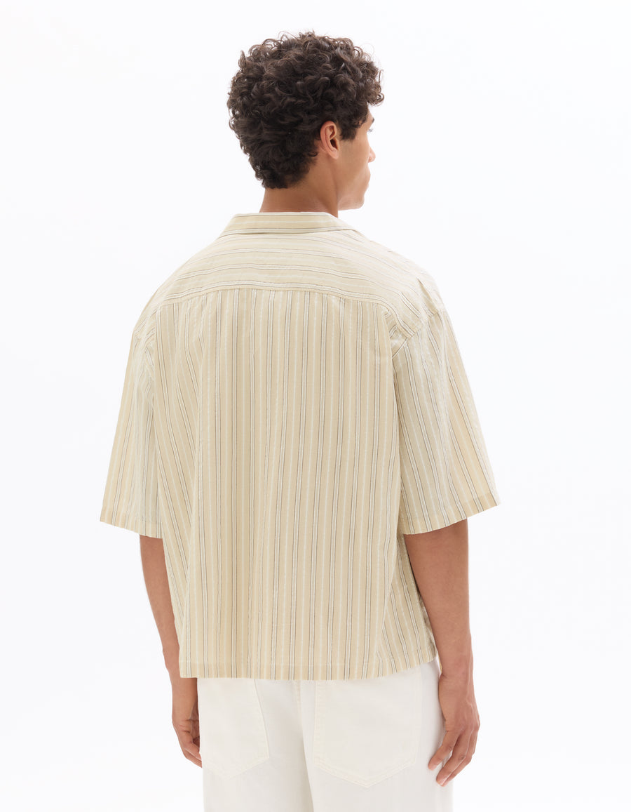 Boxy Fit Cotton Linen Striped Shirt - Beige