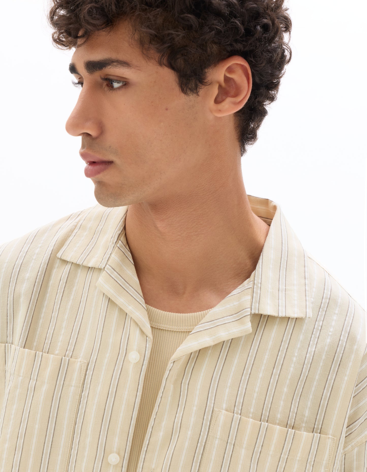 Boxy Fit Cotton Linen Striped Shirt - Beige