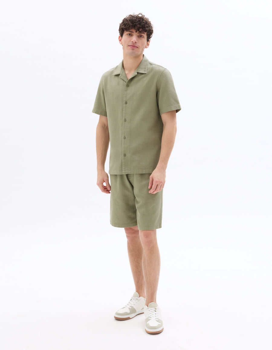 Regular Fit 100% Cotton Cuban Collar Shirt - Khaki