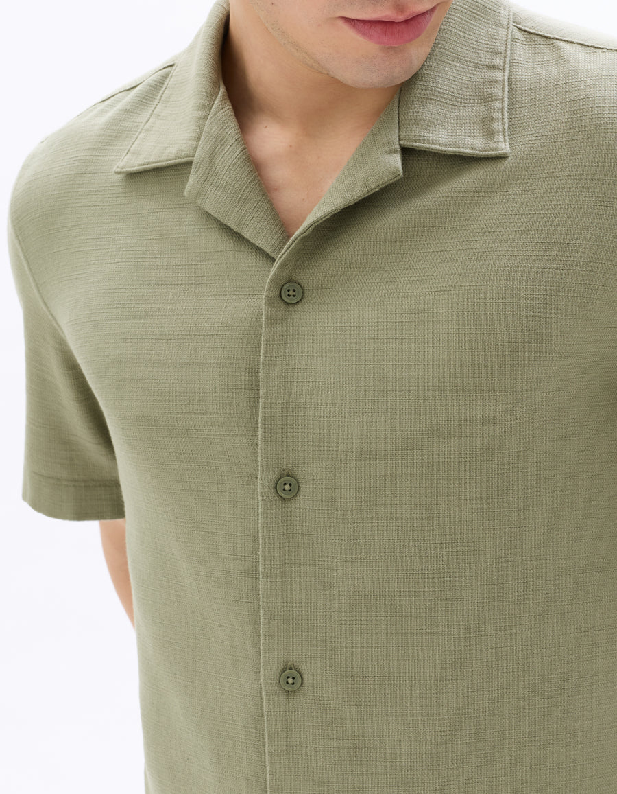 Regular Fit 100% Cotton Cuban Collar Shirt - Khaki