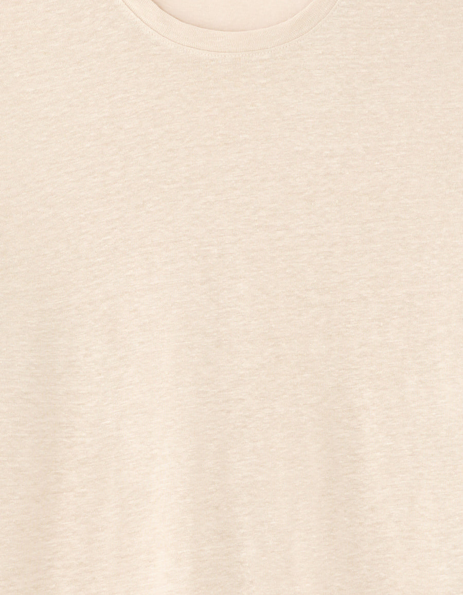 Regular Fit 100% Linen Crew Neck T-Shirt - Light Beige
