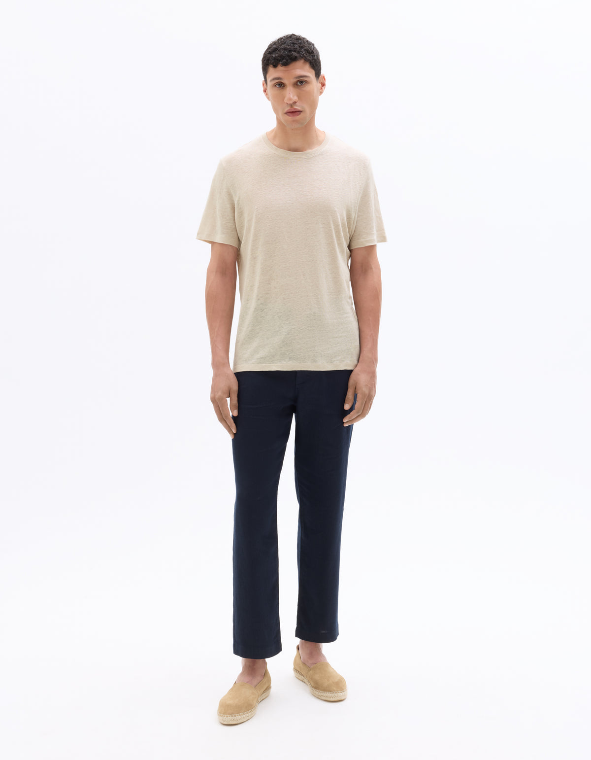 Regular Fit 100% Linen Crew Neck T-Shirt - Light Beige