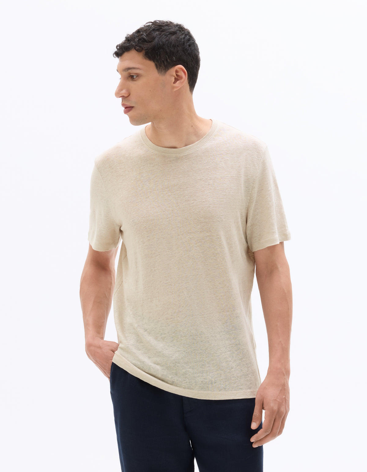 Regular Fit 100% Linen Crew Neck T-Shirt - Light Beige