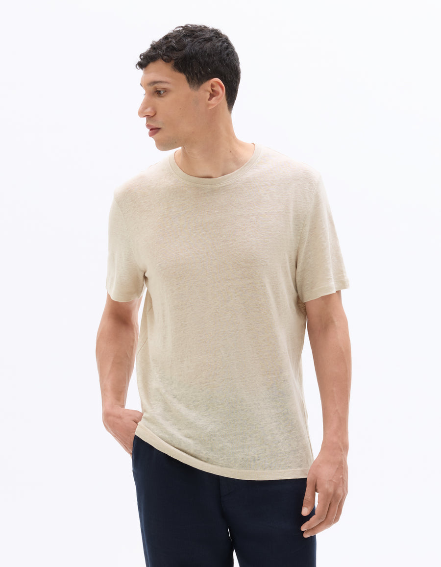 Regular Fit 100% Linen Crew Neck T-Shirt - Light Beige