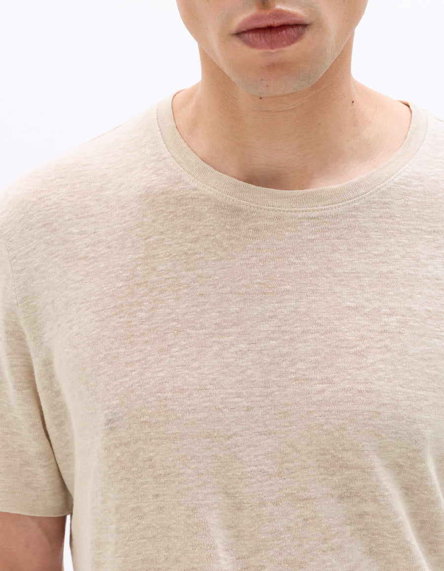 Regular Fit 100% Linen Crew Neck T-Shirt - Light Beige