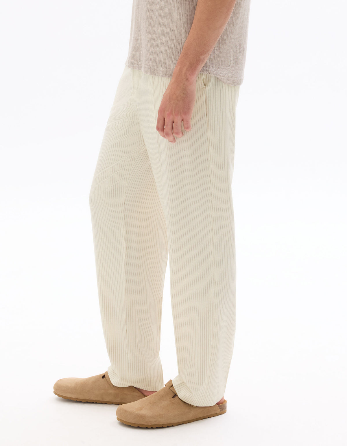 Loose Fit Poly Blend Striped Casual Trouser - Off White