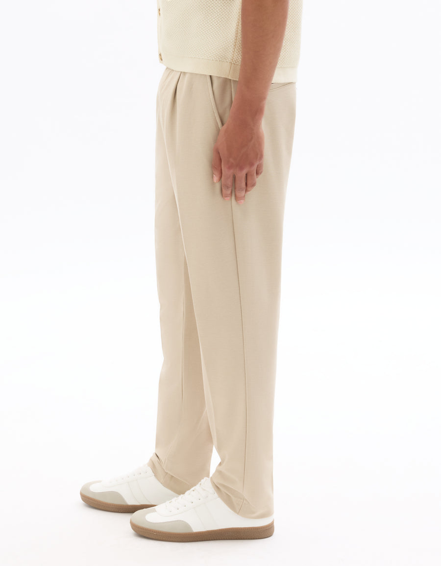 Straight Fit Poly-Cotton Solid Casual Trouser - Beige