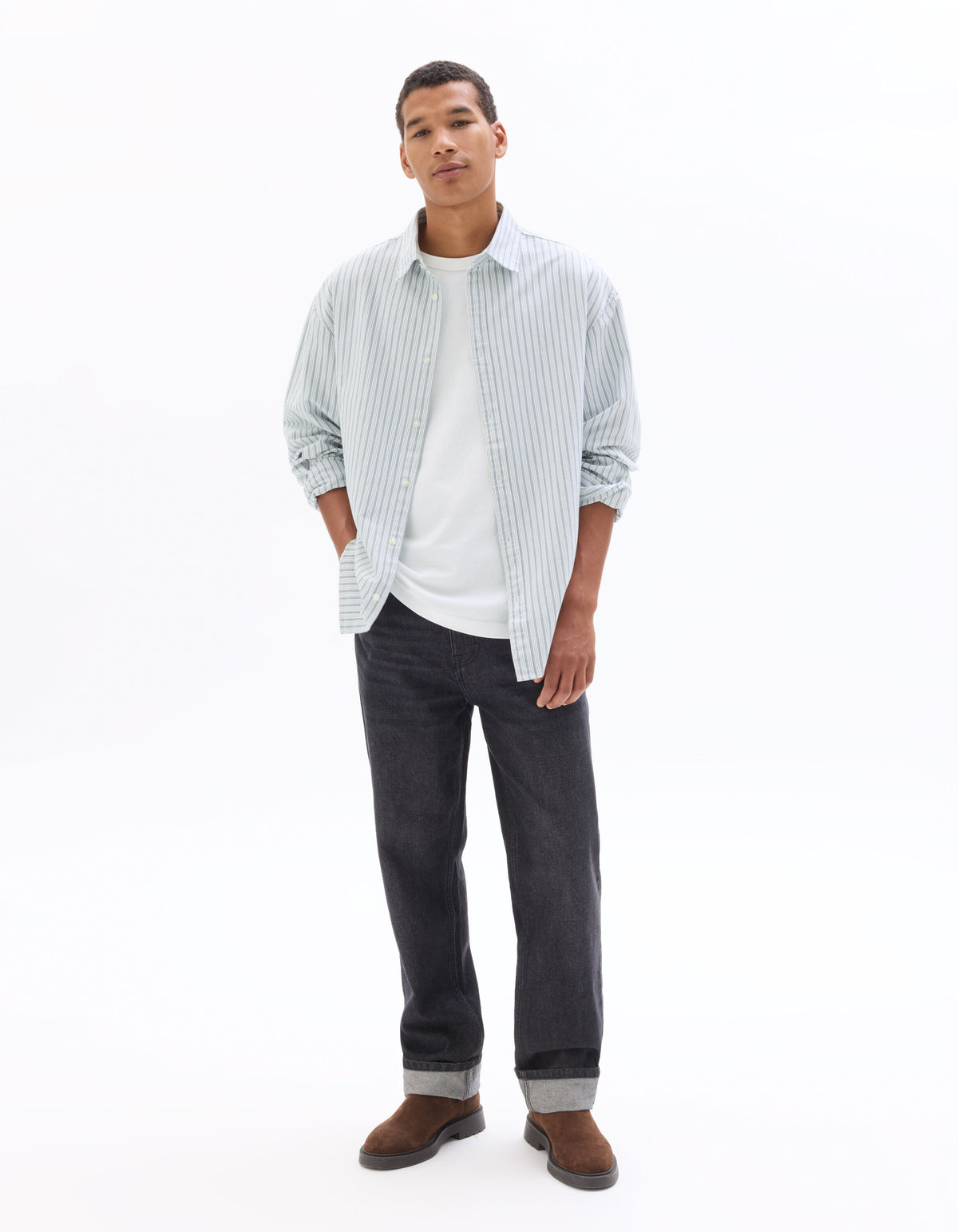 Loose Fit 100% Cotton Spread Collar Shirt - Blue
