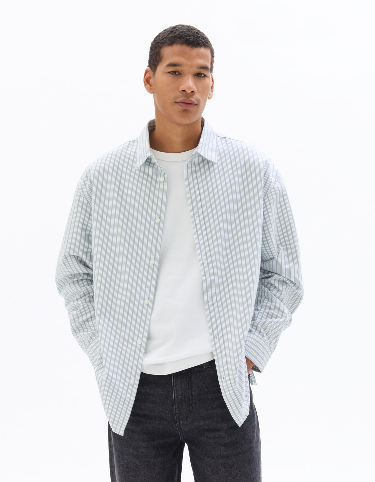 Loose Fit 100% Cotton Spread Collar Shirt - Blue