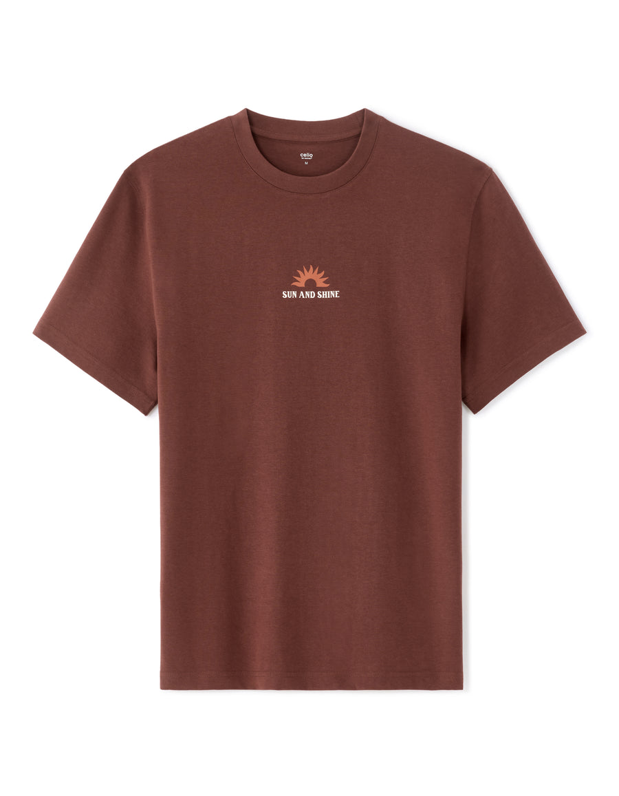 Boxy Fit 100% Cotton Printed Crew Neck T-Shirt - Brown