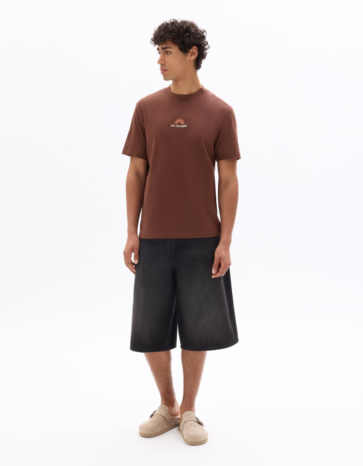 Boxy Fit 100% Cotton Printed Crew Neck T-Shirt - Brown