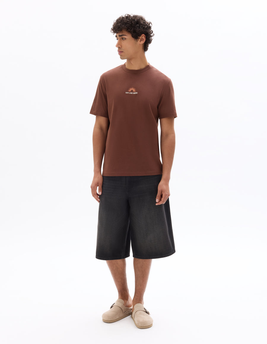 Boxy Fit 100% Cotton Printed Crew Neck T-Shirt - Brown