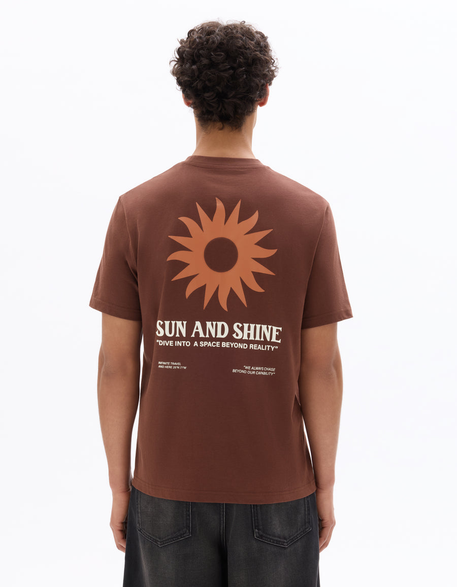 Boxy Fit 100% Cotton Printed Crew Neck T-Shirt - Brown