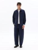 Oversized Fit Cotton Blend Spread Collar Shirt - Navy Blue