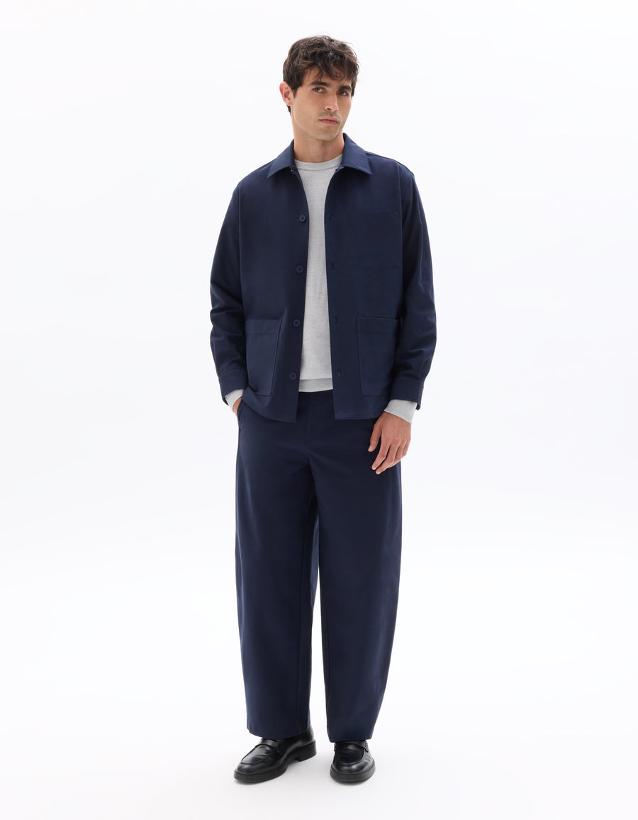 Oversized Fit Cotton Blend Spread Collar Shirt - Navy Blue