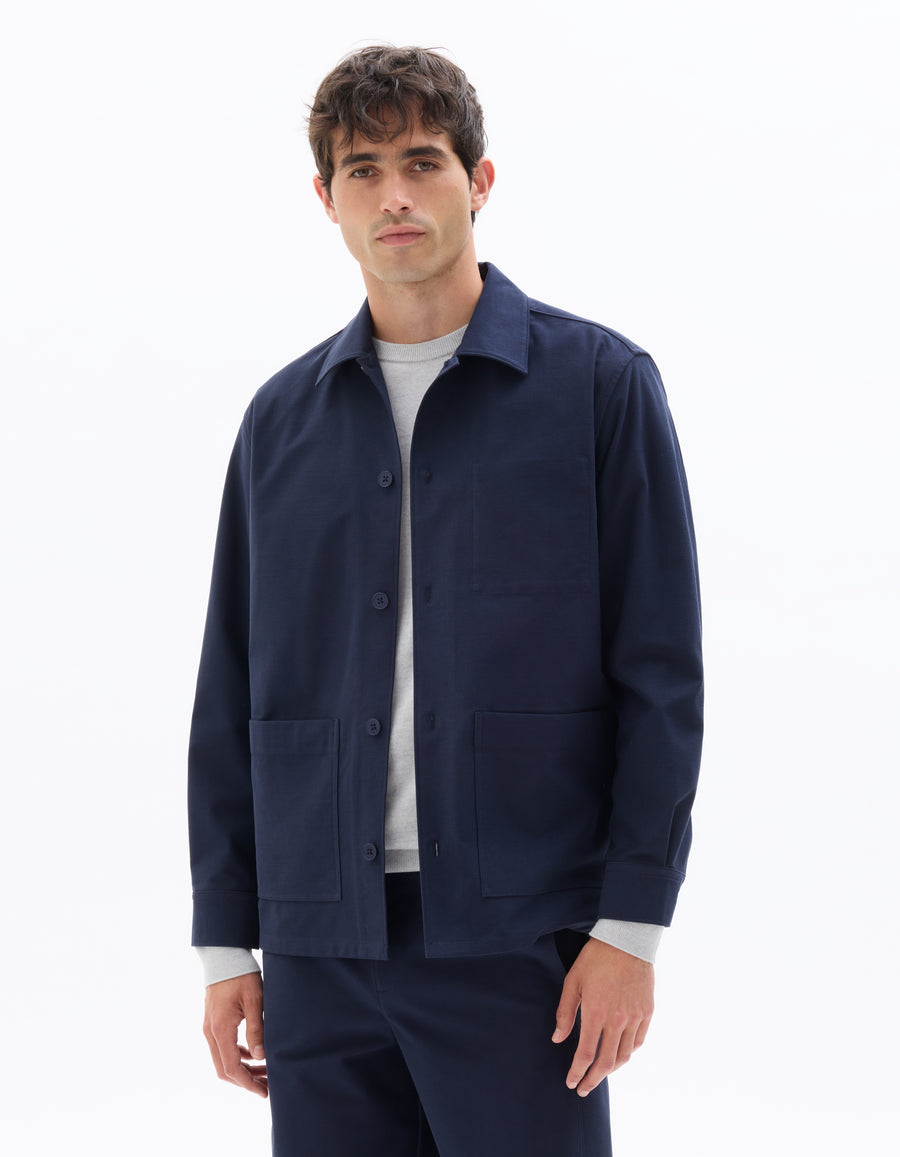 Oversized Fit Cotton Blend Spread Collar Shirt - Navy Blue