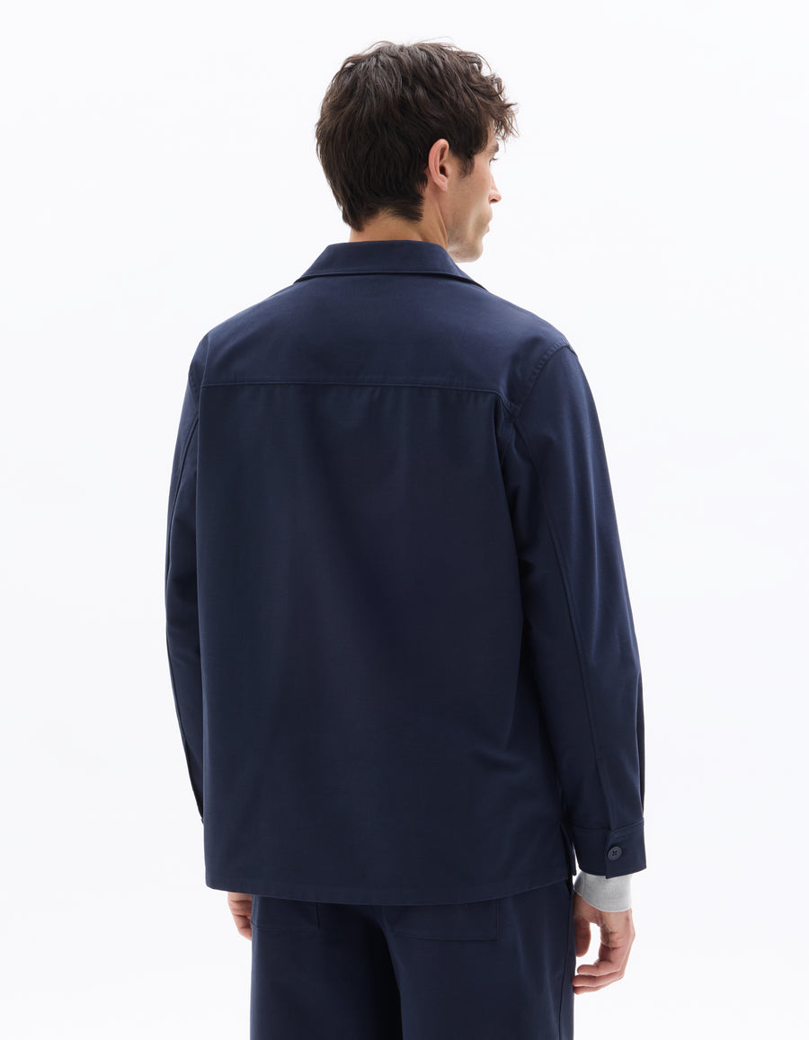 Oversized Fit Cotton Blend Spread Collar Shirt - Navy Blue