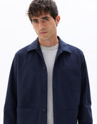 Oversized Fit Cotton Blend Spread Collar Shirt - Navy Blue